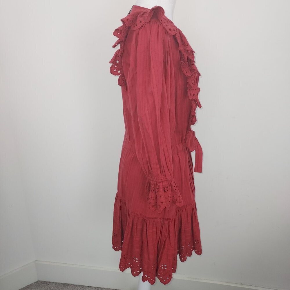 Rebecca Taylor La Vie Satin Stripe Dobby Ruffle Eyelet Red Mini Dress Size Sm - Picture 5 of 14